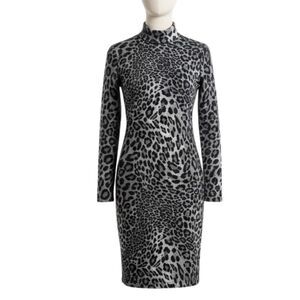CACHÉ M Y2K Early 2000s Turtleneck Leopard Knit Sweater Dress